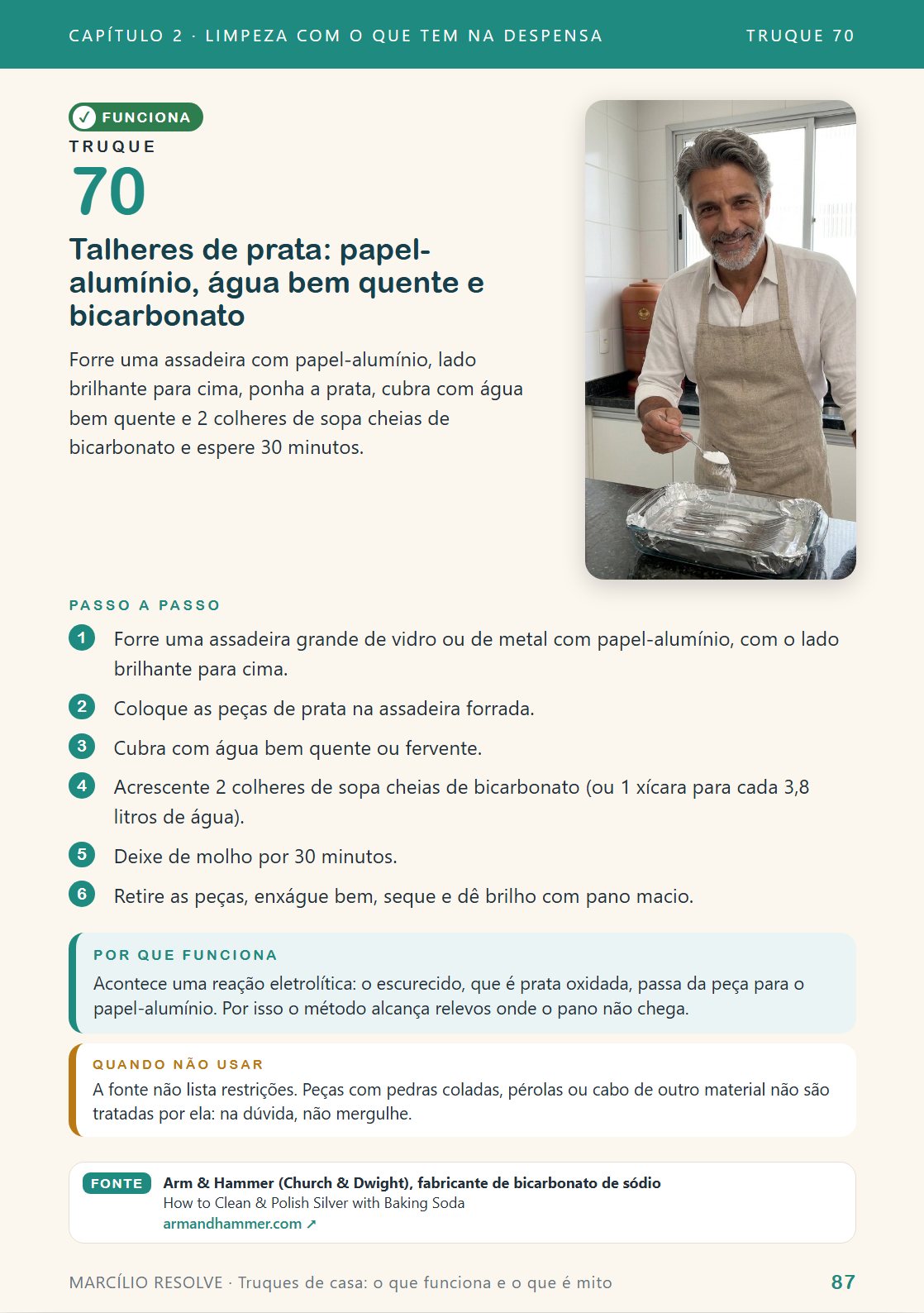 Página do livro: Talheres de prata: papel-alumínio, água bem quente e bicarbonato