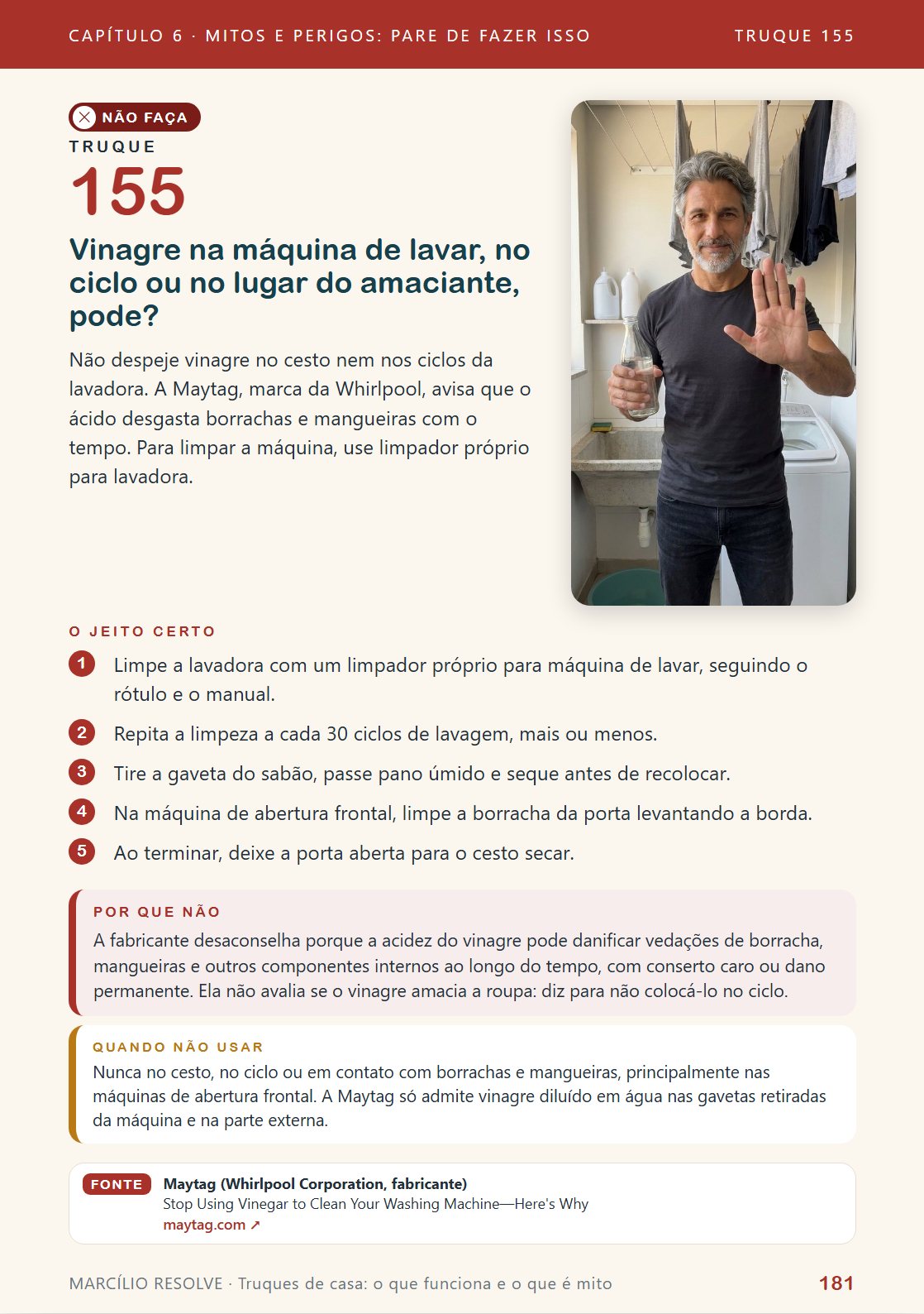 Página do livro: Vinagre na máquina de lavar, no ciclo ou no lugar do amaciante, pode?