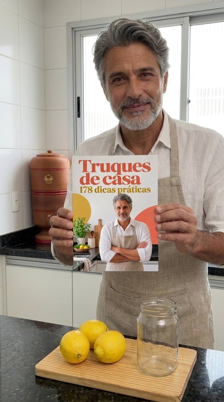 Marcílio na cozinha, de avental, segurando o livro Truques de casa